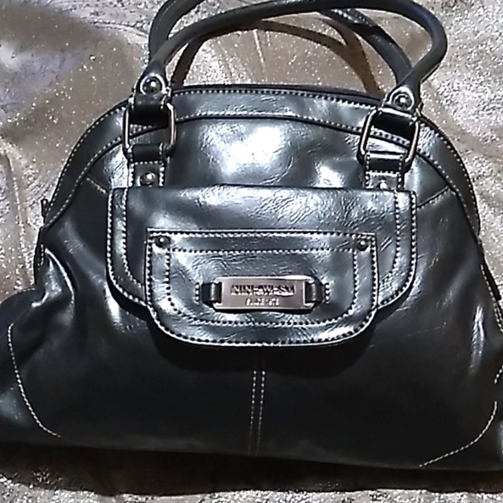 9 West ladies handbag front snap close & zip top, steel gray or pewter color